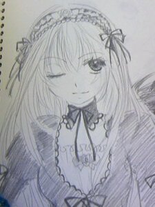 Rating: Safe Score: 0 Tags: 1girl closed_mouth dress frills hairband image long_hair long_sleeves looking_at_viewer monochrome one_eye_closed photo ribbon simple_background smile solo suigintou traditional_media upper_body User: admin