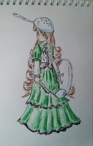Rating: Safe Score: 0 Tags: 1girl dress green_dress green_eyes grey_background hat helmet image long_hair photo puffy_sleeves solo suiseiseki traditional_media User: admin