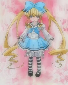Rating: Safe Score: 0 Tags: 1girl blonde_hair blue_eyes bow dress drill_hair frills full_body hair_bow image long_hair long_sleeves pantyhose shinku shoes solo striped striped_legwear twin_drills twintails very_long_hair User: admin