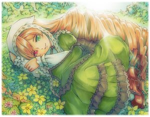 Rating: Safe Score: 0 Tags: 1girl bad_id bad_pixiv_id brown_hair commentary_request dress drill_hair flower frills gothic_lolita green_dress green_eyes hat heterochromia image lolita_fashion long_hair long_sleeves looking_at_viewer lying mayo_riyo on_side photoshop_(medium) red_eyes rozen_maiden smile solo suiseiseki very_long_hair User: admin