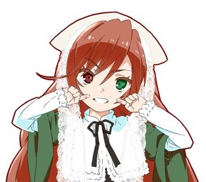 Rating: Safe Score: 0 Tags: 1girl black_ribbon dress green_dress green_eyes grin head_scarf heterochromia image long_hair long_sleeves looking_at_viewer neck_ribbon red_eyes ribbon simple_background smile solo suiseiseki upper_body white_background User: admin