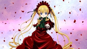 Rating: Safe Score: 0 Tags: 1girl blonde_hair blue_eyes bow bowtie dress flower green_bow image long_hair long_sleeves looking_at_viewer petals red_dress rose_petals shinku solo twintails very_long_hair User: admin