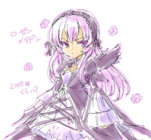 Rating: Safe Score: 0 Tags: 1girl detached_collar dress flower frills hairband image long_hair long_sleeves looking_at_viewer purple_eyes ribbon simple_background solo suigintou white_background User: admin