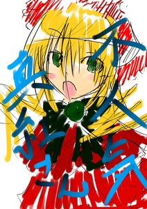 Rating: Safe Score: 0 Tags: 1girl blonde_hair bow bowtie green_eyes image long_sleeves open_mouth shinku solo white_background User: admin