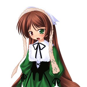 Rating: Safe Score: 0 Tags: 1girl :o black_ribbon blush brown_hair dress frills green_dress green_eyes heterochromia image long_hair long_sleeves lowres open_mouth puffy_sleeves red_eyes rozen_maiden simple_background solo suiseiseki takacchi twintails very_long_hair white_background wing_collar User: admin