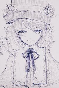 Rating: Safe Score: 0 Tags: 1girl closed_mouth hat image looking_at_viewer monochrome ribbon short_hair sketch smile solo souseiseki traditional_media upper_body User: admin