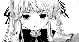 Rating: Safe Score: 0 Tags: 1girl blush bowtie flower frown greyscale hair_ribbon image long_hair looking_at_viewer monochrome ribbon rose shinku simple_background solo suigintou twintails upper_body white_background User: admin