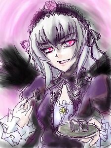 Rating: Safe Score: 0 Tags: 1girl artist_request black_wings dress evil_smile flower food fork frills glowing glowing_eyes hairband image long_hair long_sleeves looking_at_viewer lowres pink_eyes plate rose rozen_maiden silver_hair smile solo suigintou upper_body wings User: admin