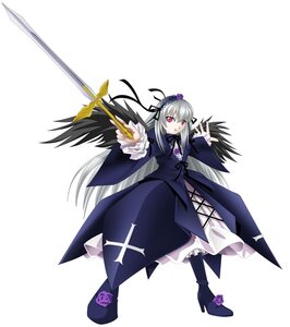 Rating: Safe Score: 0 Tags: 1girl black_wings boots dress flower frills full_body hairband high_heels image long_hair long_sleeves looking_at_viewer outstretched_hand purple_flower purple_rose red_eyes ribbon rose silver_hair solo suigintou sword weapon wings User: admin