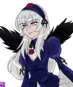 Rating: Safe Score: 0 Tags: 1girl black_wings detached_collar dress frills hairband image juliet_sleeves long_hair long_sleeves looking_at_viewer pink_eyes puffy_sleeves silver_hair simple_background solo suigintou white_background wings User: admin