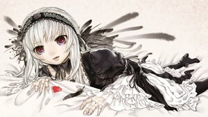 Rating: Safe Score: 0 Tags: 1girl boots dress feathers flower frills gothic_lolita hairband image lolita_fashion long_hair long_sleeves looking_at_viewer lying red_eyes ribbon rose silver_hair solo suigintou wings User: admin