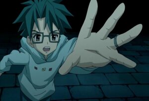 Rating: Safe Score: 0 Tags: 1boy foreshortening from_above glasses hood hood_down hoodie human long_sleeves looking_at_viewer open_mouth outstretched_arm outstretched_hand reaching reaching_out sakurada_jun screenshot solo spiked_hair spread_fingers User: admin