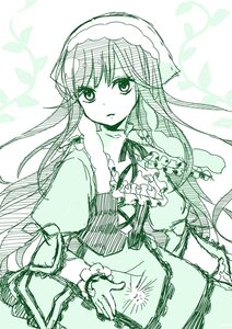 Rating: Safe Score: 0 Tags: 1girl braid dress frills green_theme hong_meiling image long_hair long_sleeves looking_at_viewer monochrome ribbon side_slit solo suiseiseki twin_braids User: admin
