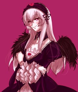 Rating: Safe Score: 0 Tags: 1girl black_wings detached_collar dress frilled_sleeves frills hairband image long_hair long_sleeves looking_at_viewer pink_background pink_eyes silver_hair simple_background smile solo suigintou wings User: admin