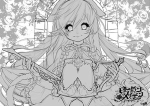 Rating: Safe Score: 0 Tags: 1girl breasts greyscale image long_hair long_sleeves looking_at_viewer monochrome smile solo suiseiseki upper_body wide_sleeves User: admin