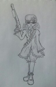 Rating: Safe Score: 0 Tags: 1girl boots dress drill_hair full_body glasses greyscale gun hair_ornament image kanaria monochrome photo ringlets solo standing traditional_media weapon User: admin