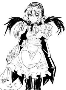 Rating: Safe Score: 0 Tags: 1girl apron boots dress feathered_wings frills greyscale image long_hair long_sleeves looking_at_viewer monochrome signature smile solo suigintou white_background wings User: admin