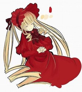 Rating: Safe Score: 0 Tags: 1girl blonde_hair bonnet closed_eyes dress drill_hair image long_hair long_sleeves own_hands_together red_dress shinku simple_background solo twintails white_background User: admin