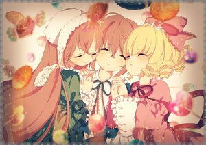 Rating: Safe Score: 0 Tags: 3girls blonde_hair blurry bow brown_hair cheek-to-cheek closed_eyes depth_of_field dress drill_hair frills girl_sandwich hat hina_ichigo holding_hands image interlocked_fingers long_hair long_sleeves multiple multiple_girls ribbon sandwiched short_hair siblings sisters suiseiseki tagme twins User: admin