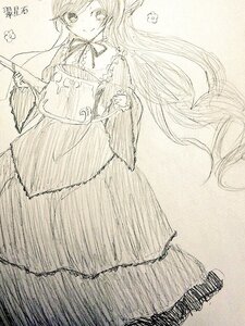 Rating: Safe Score: 0 Tags: 1girl blush dress greyscale hat image long_hair long_sleeves looking_at_viewer monochrome smile solo suiseiseki traditional_media very_long_hair wide_sleeves User: admin