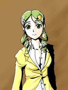 Rating: Safe Score: 0 Tags: 1girl brown_background drill_hair green_eyes green_hair hair_ornament hairclip image kanaria long_sleeves looking_at_viewer shirt solo upper_body User: admin