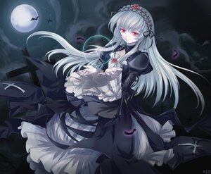Rating: Safe Score: 0 Tags: 1girl bat commentary_request cross dress feathers flower frills full_moon gothic_lolita hairband image lolita_fashion lolita_hairband long_hair long_sleeves meimei moon mtyy night photoshop_(medium) red_eyes rose rozen_maiden silver_hair solo suigintou wings User: admin