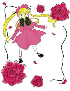 Rating: Safe Score: 0 Tags: 1girl blonde_hair blue_eyes bonnet bow bowtie capelet dress flower full_body green_bow hat image long_hair long_sleeves pantyhose petals pink_flower pink_rose red_dress red_flower red_rose rose rose_petals shinku shoes simple_background solo thorns twintails User: admin