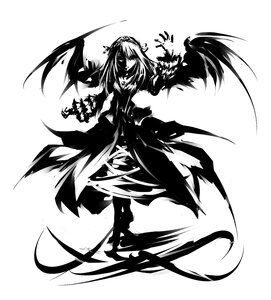 Rating: Safe Score: 0 Tags: 1girl arm_up commentary dress full_body greyscale hairband high_contrast image long_hair looking_at_viewer mohomen monochrome rozen_maiden solo standing suigintou white_background wings User: admin
