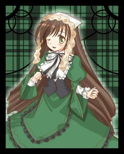 Rating: Safe Score: 0 Tags: 1girl ;d black_border brown_hair dress frills green_dress green_eyes head_scarf image letterboxed long_hair long_sleeves looking_at_viewer one_eye_closed open_mouth pillarboxed smile solo suiseiseki twin_drills very_long_hair User: admin