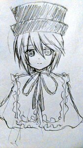 Rating: Safe Score: 0 Tags: 1girl capelet closed_mouth eyebrows_visible_through_hair frills hair_between_eyes hat image long_sleeves looking_at_viewer monochrome ribbon short_hair smile solo souseiseki traditional_media upper_body User: admin