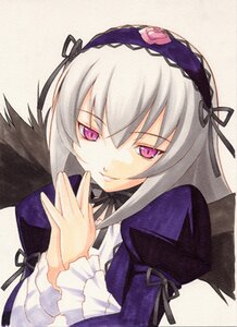 Rating: Safe Score: 0 Tags: 1girl black_ribbon dress flower frilled_sleeves frills hairband image juliet_sleeves long_hair long_sleeves looking_at_viewer pink_eyes puffy_sleeves ribbon rose silver_hair simple_background smile solo suigintou traditional_media upper_body white_background wings User: admin