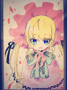 Rating: Safe Score: 0 Tags: 1girl bangs blonde_hair blue_eyes blush dress eyebrows_visible_through_hair flower image long_hair long_sleeves looking_at_viewer open_mouth petals shinku solo traditional_media upper_body User: admin