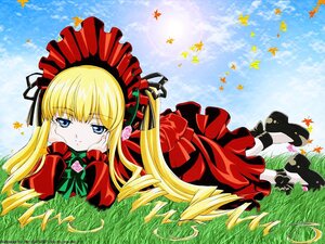 Rating: Safe Score: 0 Tags: 1girl autumn_leaves black_footwear blonde_hair blue_eyes bonnet bow chin_rest day dress flower grass image leaf long_hair long_sleeves looking_at_viewer lying on_stomach outdoors ribbon shinku shoes sky solo User: admin