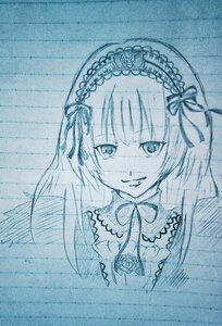 Rating: Safe Score: 0 Tags: 1girl blue_theme bow flower frills hairband image lolita_hairband long_hair looking_at_viewer monochrome ribbon rose simple_background smile solo suigintou traditional_media upper_body User: admin