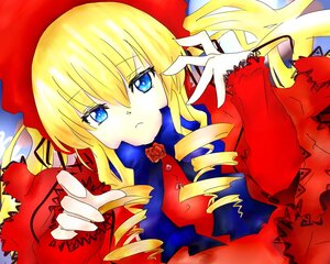 Rating: Safe Score: 0 Tags: 1girl blonde_hair blue_eyes bonnet drill_hair flower frills hat image long_hair long_sleeves looking_at_viewer ringlets rose shinku solo twin_drills upper_body User: admin