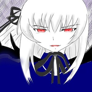 Rating: Safe Score: 0 Tags: 1girl blue_background eyebrows_visible_through_hair hair_between_eyes image long_hair looking_at_viewer portrait red_eyes ribbon solo suigintou white_hair User: admin