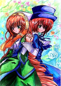 Rating: Safe Score: 0 Tags: 2girls blue_dress blush dress drill_hair flower green_dress green_eyes hat holding_hands image long_hair long_sleeves looking_at_viewer multiple_girls pair rose short_hair siblings sisters souseiseki suiseiseki top_hat twins very_long_hair User: admin