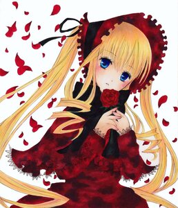 Rating: Safe Score: 0 Tags: 1girl blonde_hair blue_eyes blush dress drill_hair flower image long_hair long_sleeves marker_(medium) petals red_dress red_flower red_rose rose rose_petals shinku solo twintails User: admin