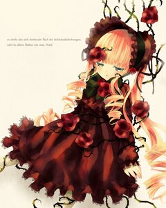 Rating: Safe Score: 0 Tags: 1girl blonde_hair bonnet bow dress drill_hair flower frills image long_hair long_sleeves red_flower red_rose rose shinku solo twintails User: admin