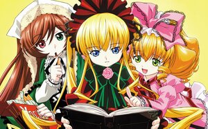 Rating: Safe Score: 0 Tags: 3girls blonde_hair blue_eyes bonnet book bow brown_hair dress drill_hair frills green_eyes hair_bow hat heterochromia image index_finger_raised long_hair long_sleeves looking_at_viewer multiple multiple_girls open_book open_mouth pink_bow red_eyes shinku simple_background suiseiseki tagme twin_drills twintails very_long_hair yellow_background User: admin
