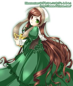 Rating: Safe Score: 0 Tags: 1girl brown_hair dress drill_hair frills green_dress green_eyes hat heterochromia image long_hair long_sleeves looking_at_viewer looking_back red_eyes solo standing suiseiseki twintails very_long_hair watering_can white_background User: admin