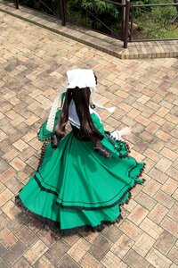 Rating: Safe Score: 0 Tags: 1girl black_hair brick_wall chain-link_fence dress from_above green_dress long_hair solo suiseiseki tile_floor tiles wall User: admin