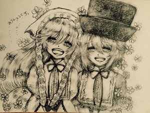 Rating: Safe Score: 0 Tags: 2girls blush braid flower hat image long_hair monochrome multiple_girls open_mouth pair short_hair siblings smile souseiseki suiseiseki traditional_media User: admin