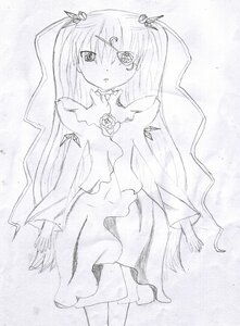 Rating: Safe Score: 0 Tags: 1girl barasuishou dress expressionless flower frills hair_ornament image long_hair monochrome solo traditional_media twintails very_long_hair User: admin