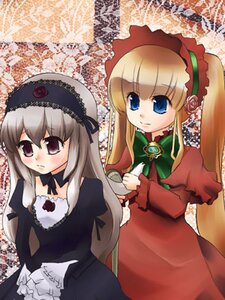 Rating: Safe Score: 0 Tags: 2girls blonde_hair blue_eyes blush bonnet bow bowtie dress flower frills green_neckwear hairband image long_hair long_sleeves looking_at_viewer multiple_girls pair rose shinku silver_hair suigintou User: admin