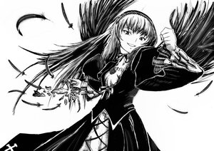 Rating: Safe Score: 0 Tags: 1girl breasts cleavage dress feathered_wings feathers greyscale hairband image long_hair long_sleeves looking_at_viewer monochrome smile solo suigintou wings User: admin