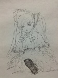 Rating: Safe Score: 0 Tags: 1girl dress frills image long_hair long_sleeves looking_at_viewer monochrome photo shinku simple_background sketch solo traditional_media twintails very_long_hair User: admin