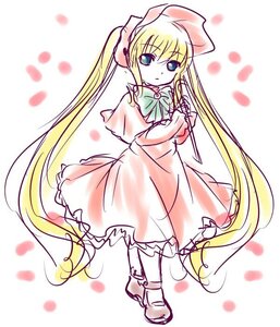 Rating: Safe Score: 0 Tags: 1girl blonde_hair blue_eyes bow bowtie capelet dress full_body image long_hair long_sleeves looking_at_viewer petals pink_dress shinku solo standing twintails very_long_hair User: admin