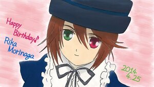 Rating: Safe Score: 0 Tags: 1girl blue_dress blue_headwear brown_hair character_name closed_mouth collar frills green_eyes hat heterochromia image looking_at_viewer neck_ribbon red_eyes ribbon short_hair simple_background smile solo souseiseki suiseiseki User: admin