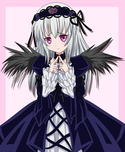 Rating: Safe Score: 3 Tags: 1girl auto_tagged black_wings blush commentary_request detached_collar dress flower frilled_sleeves frills hairband image lolita_hairband long_hair long_sleeves looking_at_viewer pink_eyes purple_eyes ribbon rozen_maiden silver_hair solo suigintou takumi_(rozen_garten) white_hair wings User: admin